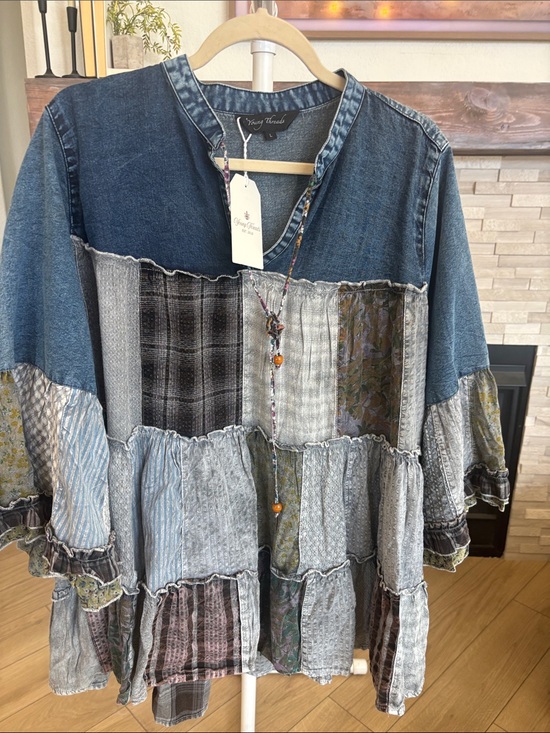 Young Threads Tops - NEW Vintage-Inspired Patchwork Denim Tunic - Blue & Gray by Young Threads